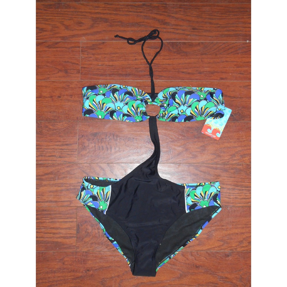 NEW Juniors XLarge Flower Bandeau Monokini Sexy One Piece Swim Suit Black/Blue!!